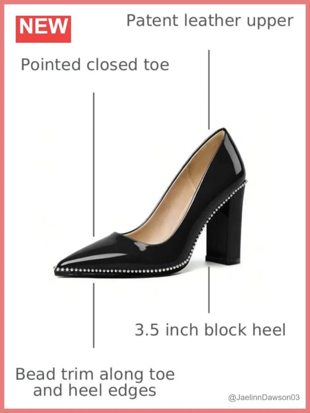 Patent Faux Leather Pointed Toe Block Heel Pumps with Bead Trim
